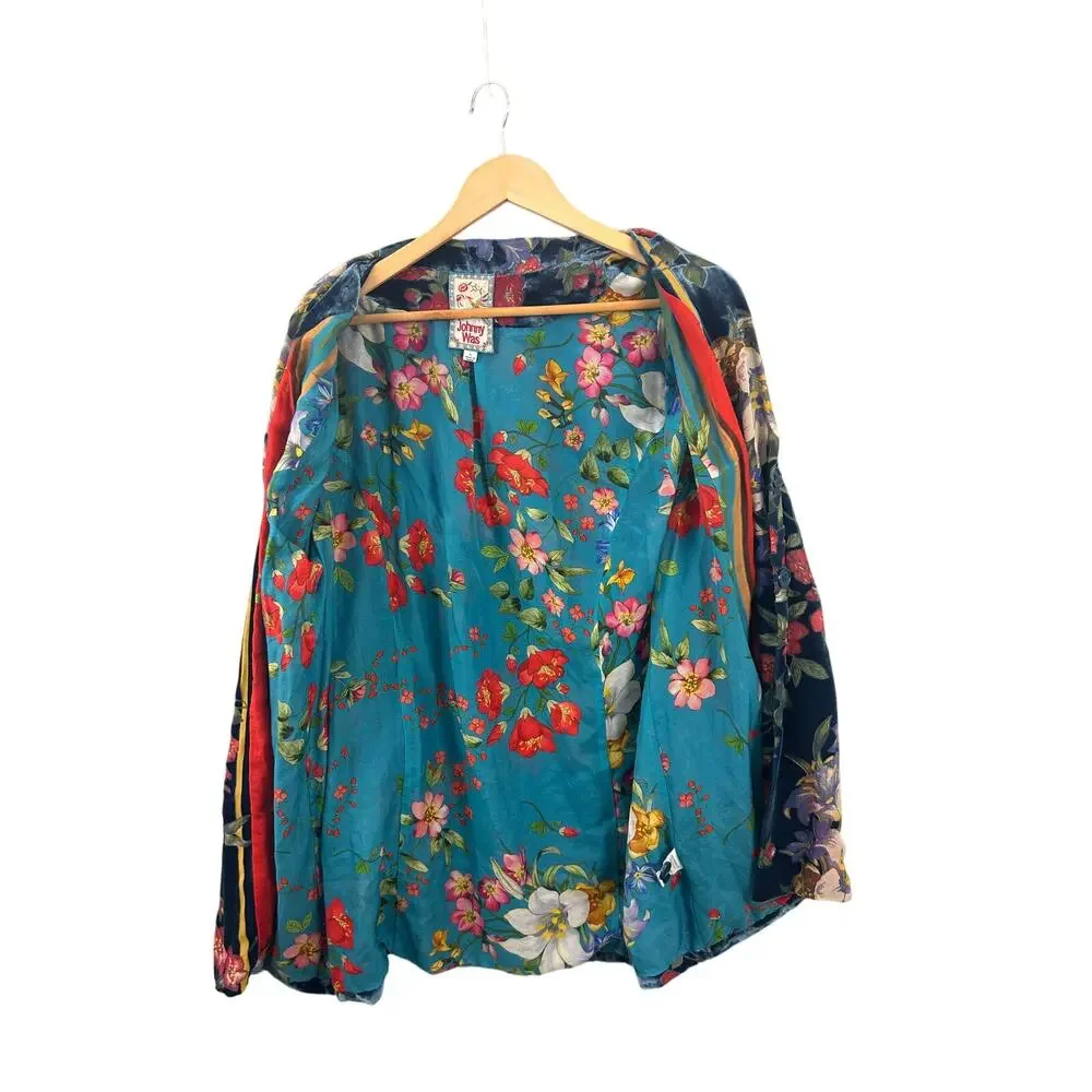 Johnny Was Floral Velvet‎ Silk Blend Blazer Navy Blue Jacket C41920A-0 Large